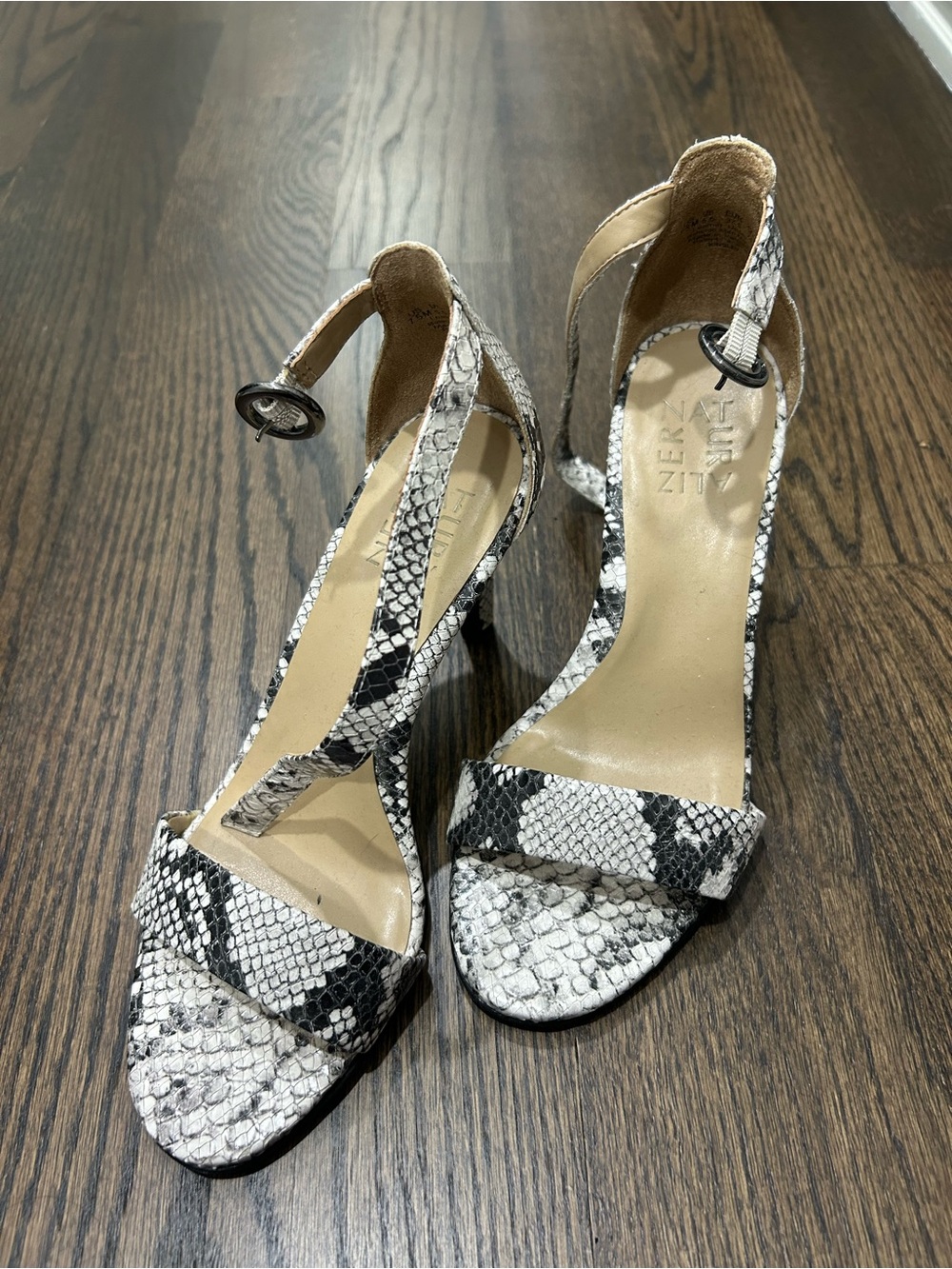 Naturalizer Snake-Print Ankle Strap Heels in Black and White